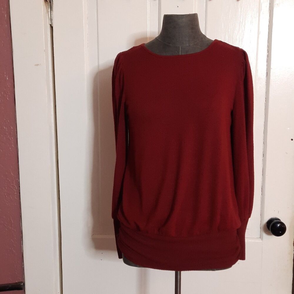 Apt 9 Burnt Orange Flattering Brick Red Puff Sleeve Knit Top Cinch Ruched Hem- M